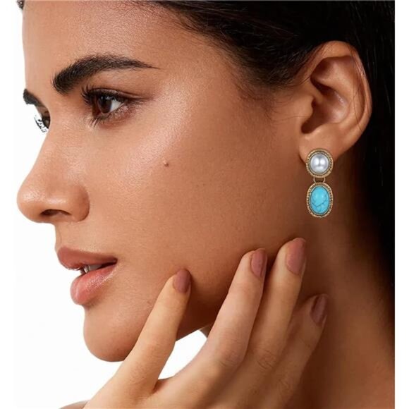 Western Turquoise Earrings | Cowgirl Vintage Dangle Earrings - Picture 4 of 6